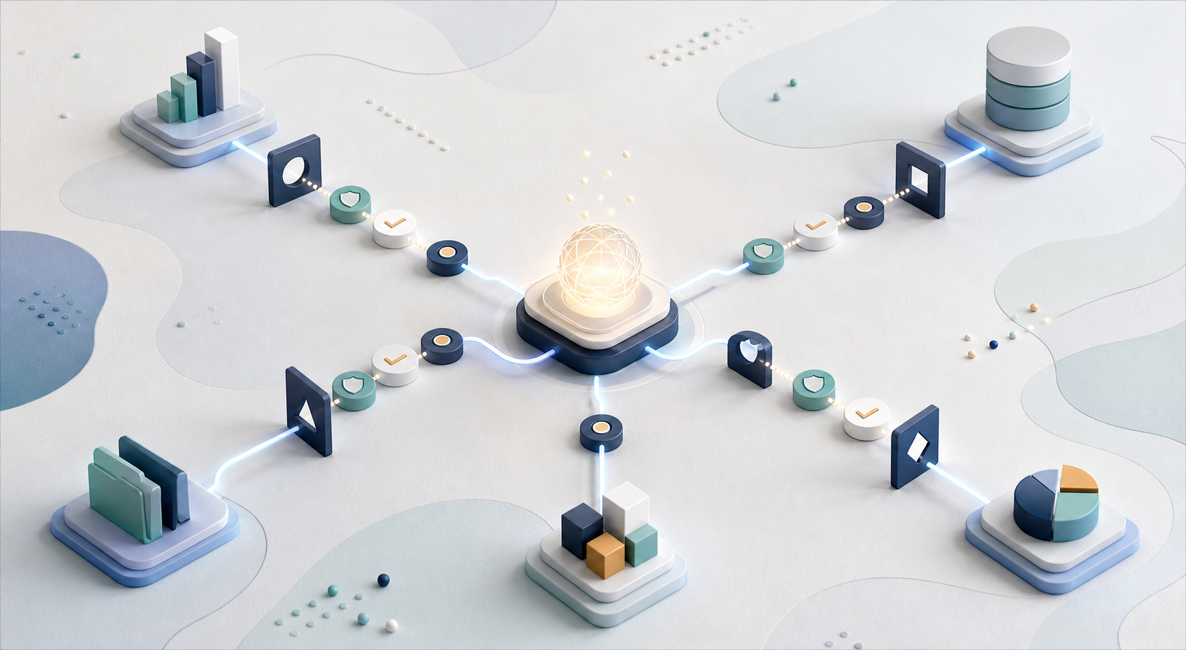 Abstract AI assistant connected to business workflows through permission gates and approval checkpoints