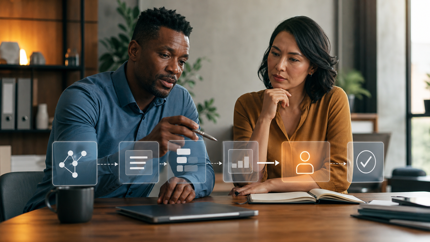 Operations managers reviewing an abstract automated workflow and human handoff