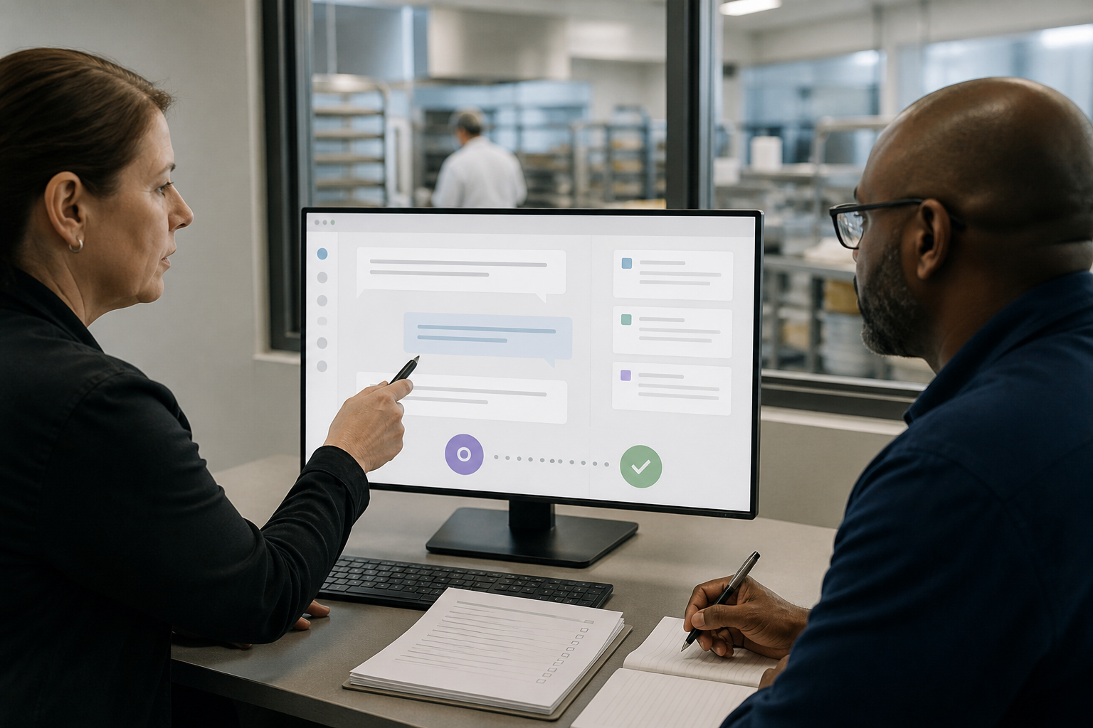Human reviewers checking abstract AI answer and citation cards beside a dining operation
